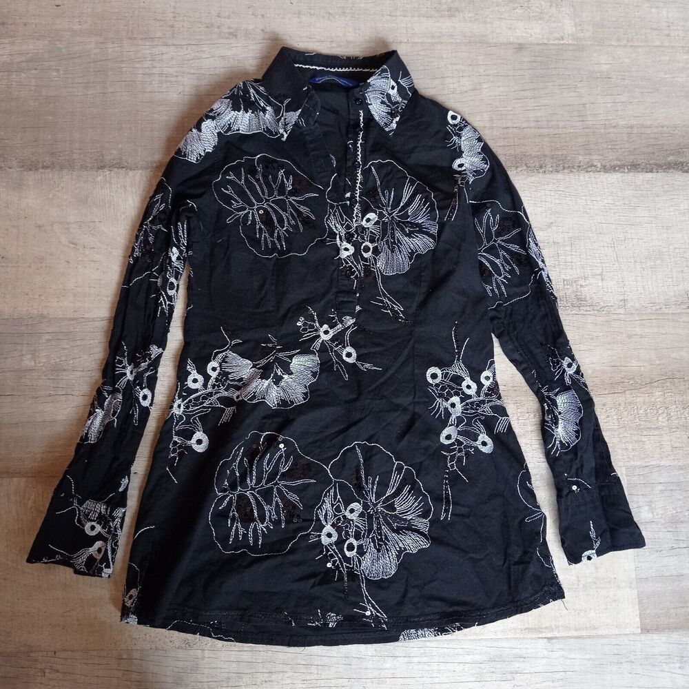 Georg Roth Women Shirt Embroidered Sequin Black Long Sleeve Floral Size XXS